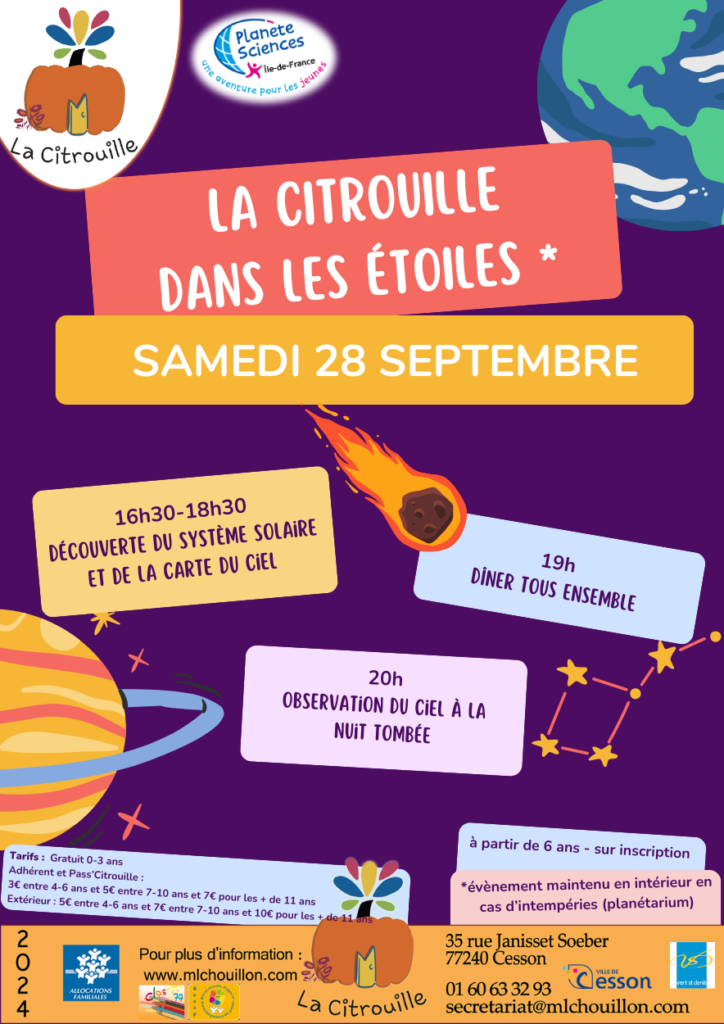 La Citrouille dans les étoiles (journée astronomie) Samedi 28 septembre de 16h30 à 22h à La Citrouille, MJC centre social de Cesson Vert-Saint-Denis