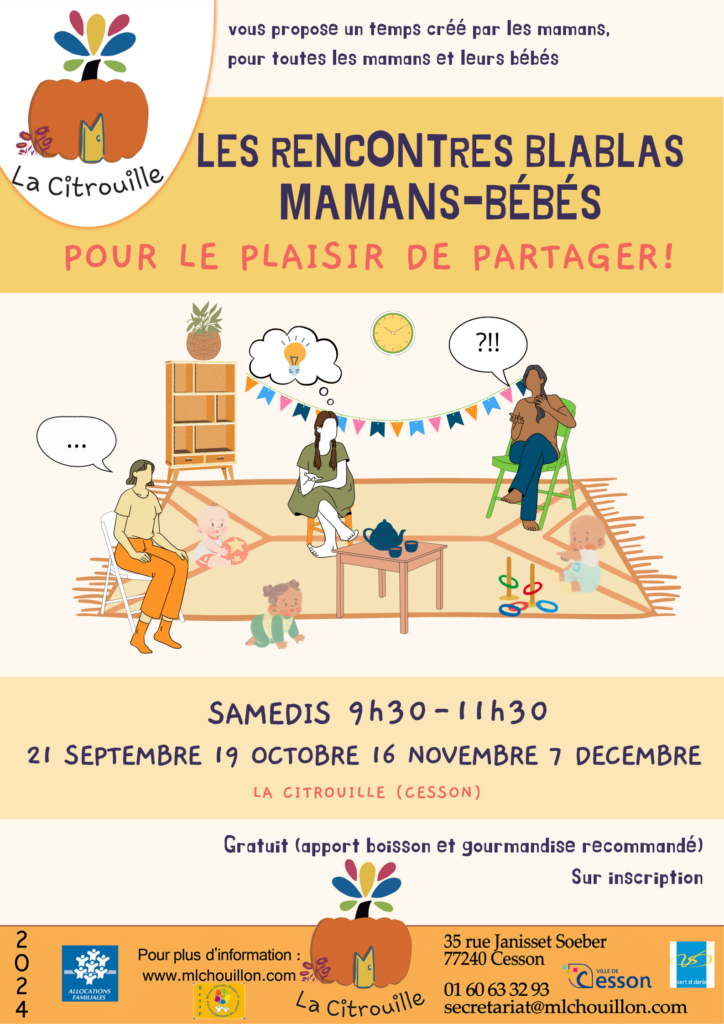 Rencontre Blablas pour les mamans et les bébés Samedi 21 septembre de 9h30 à 11h30 à La Citrouille, MJC centre social de Cesson Vert-Saint-Denis