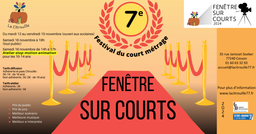 FESTIVAL FENÊTRE SUR COURTS : Atelier Stop-Motion animation et projection des courts métrages Samedi 16 novembre 2024 à La Citrouille, MJC Centre social de Cesson Vert-Saint-Denis