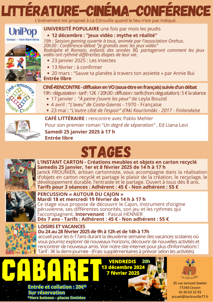 Programme des événements de La Citrouille de décembre à mars 2025