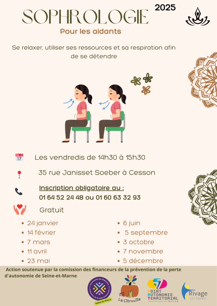 Sophrologie : un temps ressourçant pour les aidants vendredi 14 février 2025 de 14h30 à 15h30 à La Citrouille, MJC Centre social de Cesson Vert-Saint-Denis