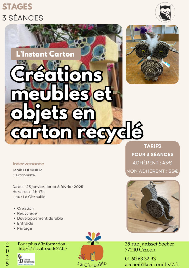 L’INSTANT CARTON, créations meubles et objets en carton recyclé Samedis 25 janvier, 1er et 8 février 2025 de 14 h à 17 h à La Citrouille, MJC de Cesson Vert-Saint-Denis