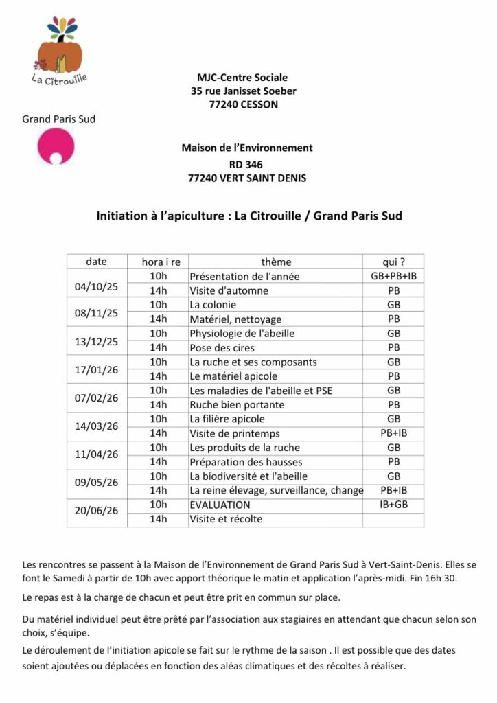 Agenda initiation à l'apiculture 2025-2026