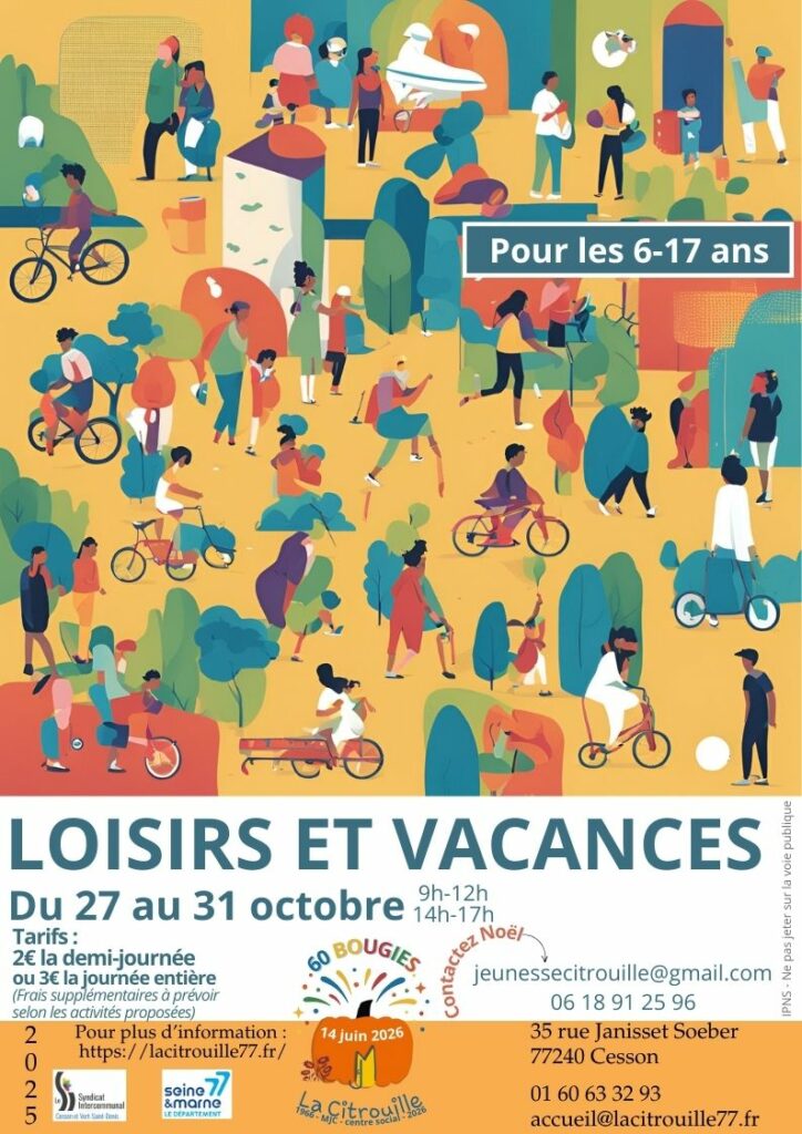 Loisirs et vacances pour les 6*17 ans
Du 27 au 31 octobre 2025 à La Citrouille, MJC centre social de Cesson Vert-Saint-Denis