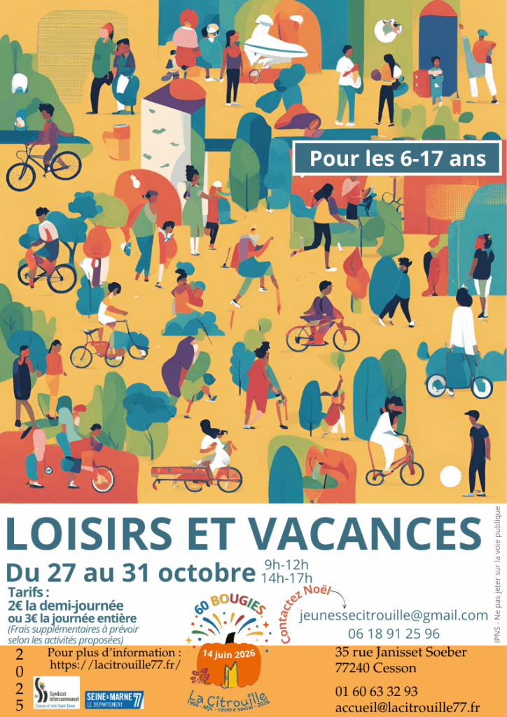 Loisirs et vacances pour les 6*17 ans
Du 27 au 31 octobre 2025 à La Citrouille, MJC centre social de Cesson Vert-Saint-Denis