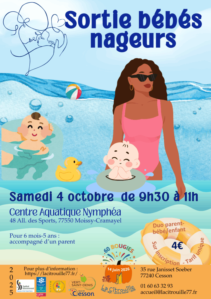 Sortie bébés nageurs, samedi 4 octobre 9h30-11h, proposée par La Citrouille, centre social de Cesson Vert-Saint-Denis