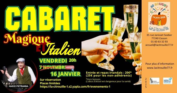 Cabart "magique et italien" REPORTÉ le vendredi 16 janvier 2026 à 20h à La Citrouille, MJC Centre social de Cesson Vert-Saint-Denis