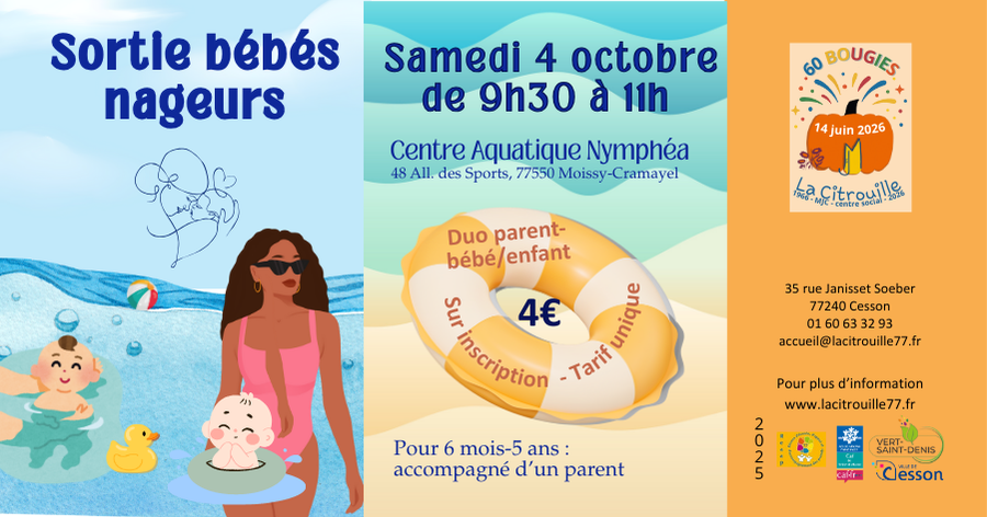 Sortie bébés nageurs, samedi 4 octobre 9h30-11h, proposée par La Citrouille, centre social de Cesson Vert-Saint-Denis