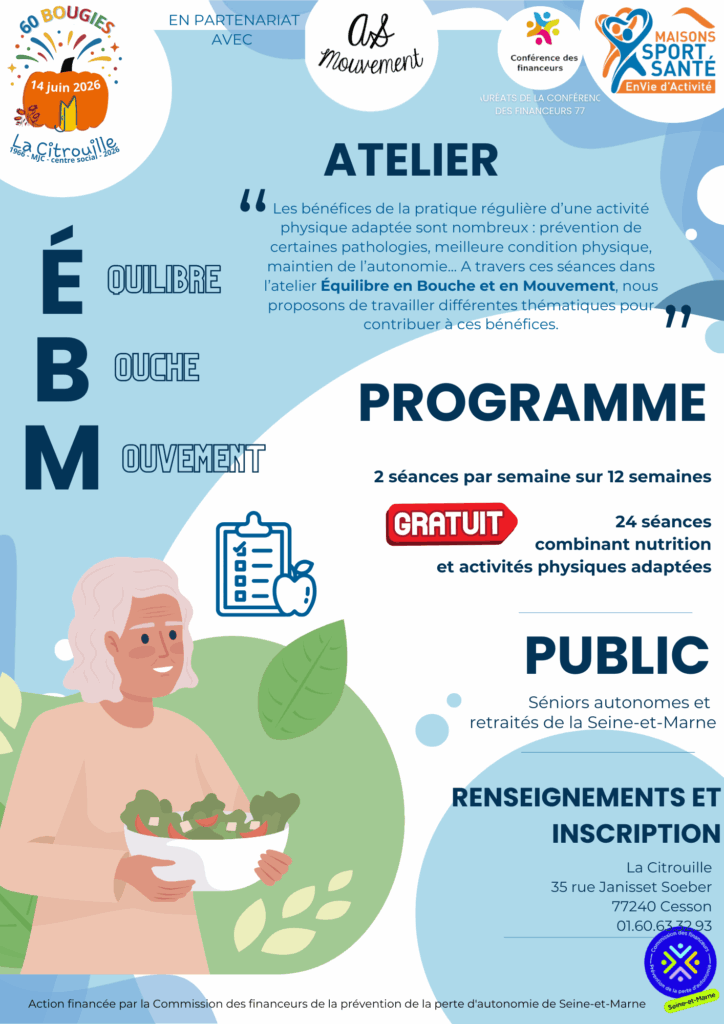 Les jeudis 02, 09, 16, 23, 30 octobre de 15h à 16h et les mardis 07, 14, 21, 28 octobre de 10h à 11h30 et : atelier équilibre, bouche, mouvement : EBM
