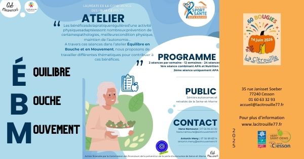 Les jeudis 02, 09, 16, 23, 30 octobre de 15h à 16h et les mardis 07, 14, 21, 28 octobre de 10h à 11h30 et : atelier équilibre, bouche, mouvement : EBM