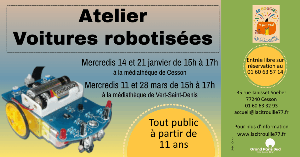 Atelier de construction de voiture-robot avec la Fablab de La Citrouille les mercredis 14 et 21 janvier 2026 à 15h à la médiathèque George Sand à Cesson