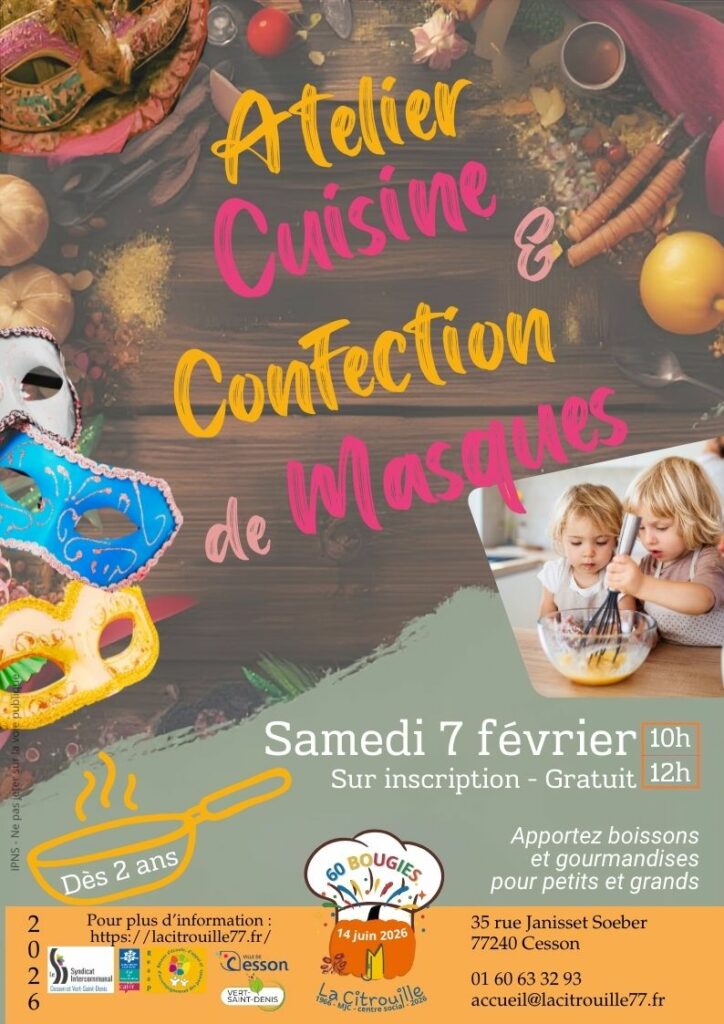 Atelier cuisine et confection de masques - parent-enfant -
Samedi 7 février de 10h à 12h