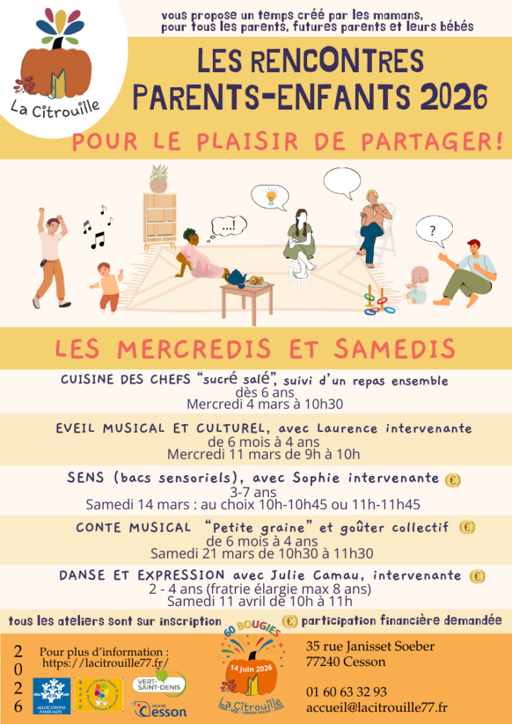 Conte musical “Petite graine”, suivi d’un goûter collectif - rencontre parent-enfant
Samedi 21 mars 2026 à 10h30 à La Citrouille, MJC Centre social de Cesson Vert-Saint-Denis