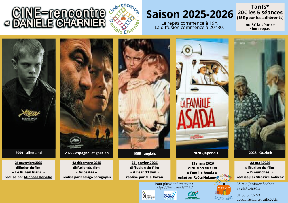 Présentation des projections du ciné-rencontre "Danièle Charnier" de La Citrouille de Cesson Vert-Saint-Denis, concernant la saison 2025-2026