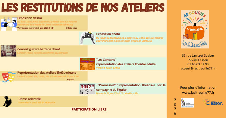 Restitutions des ateliers de La Citrouille du 2 au 28 juin 2026 à La Citrouille de Cesson Vert-Saint-Denis