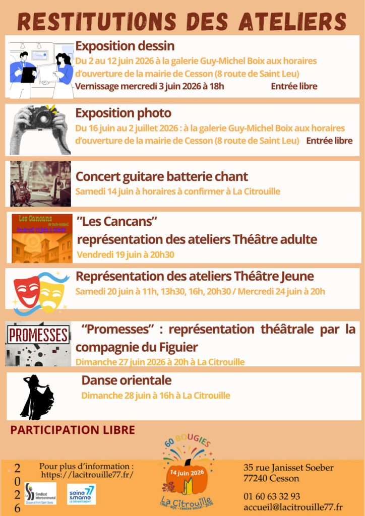Restitutions des ateliers de La Citrouille du 2 au 28 juin 2026 à La Citrouille de Cesson Vert-Saint-Denis