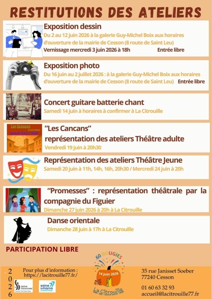 Restitutions des ateliers de La Citrouille du 2 au 28 juin 2026 à La Citrouille de Cesson Vert-Saint-Denis