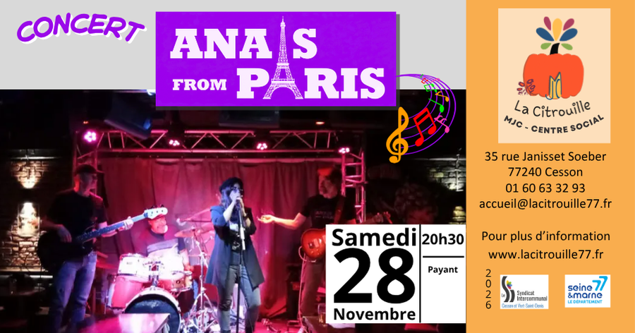 Concert avec Anaïs From Paris Samedi 28 novembre 2026 à 20h30 à La Citrouille de Cesson Vert-Saint-Denis